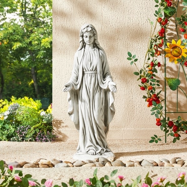 Garden Statue Religious Figure Folded Hands Distressed Off-White Stone
