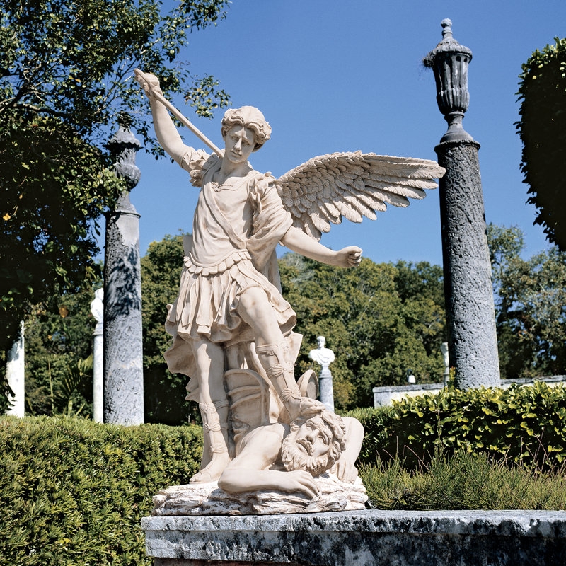 Garden Statue Religious Iconography Weathered Stone Look Armored Grey St. Michael