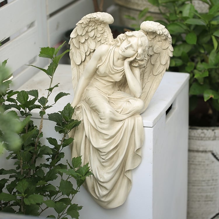 Garden Statue Resting Angel with Detailed Wings Stone Like Finish