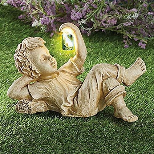 Garden Statue Sculpted Children with Glowing Firefly Jar Enchanting