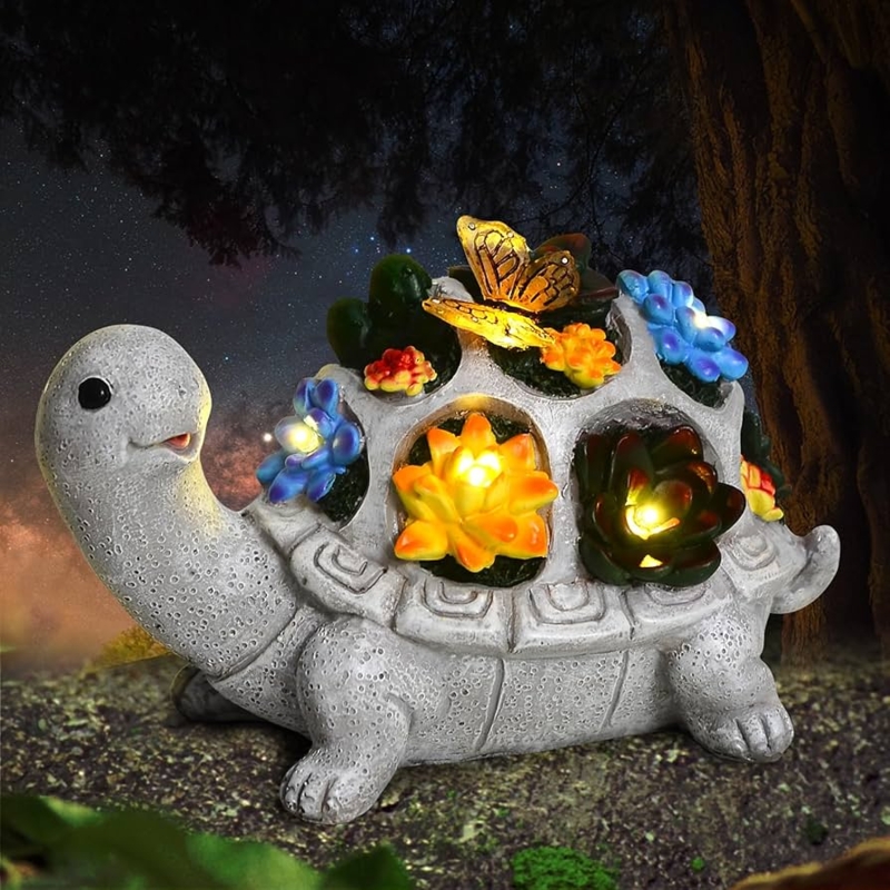 Garden Statue Sea Turtle Solar Succulent Shell Butterfly Accent