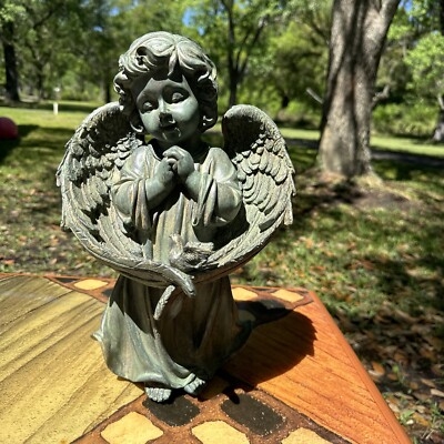 Garden Statue Seated Winged Cherub, Distressed Stone Like Finish