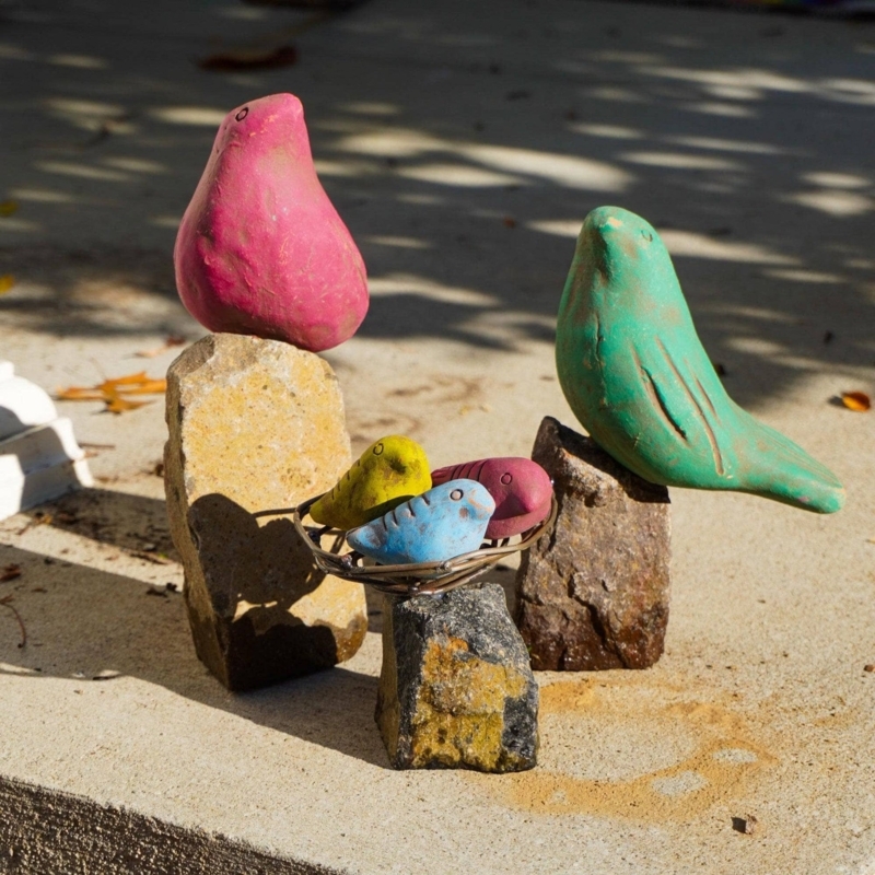 Garden Statue Set, Bird on Rock Motif, Weathered, Whimsical Patio Decor