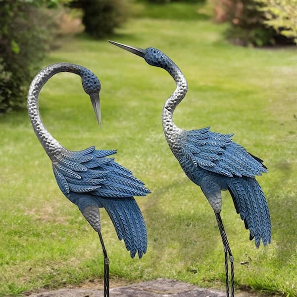 Garden Statue Set Blue Metallic Finish Silver Accents Heron Decoy