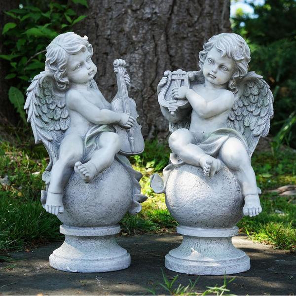 Garden Statue Set Cherub Musical Instruments on Finial Bases