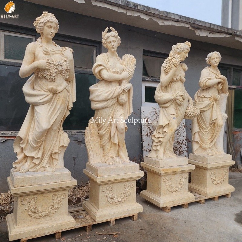 Garden Statue Set Four Seasons Life Size Figures on Pedestals