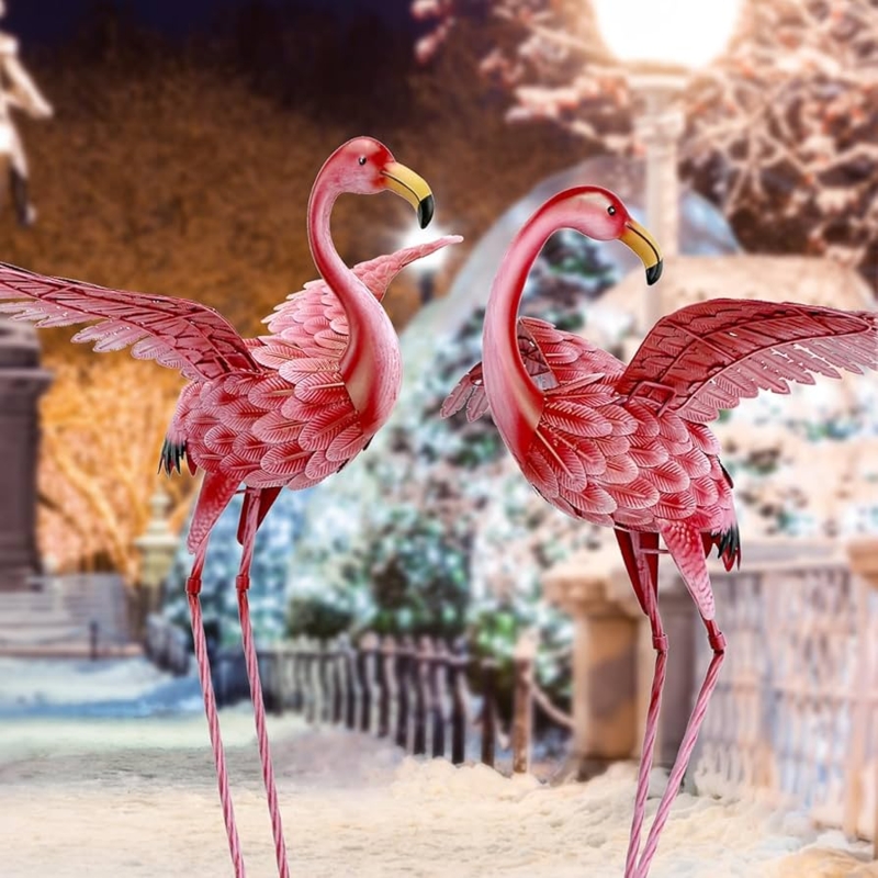 Garden Statue Set of Two Textured Feathers Metal Flamingo Decor