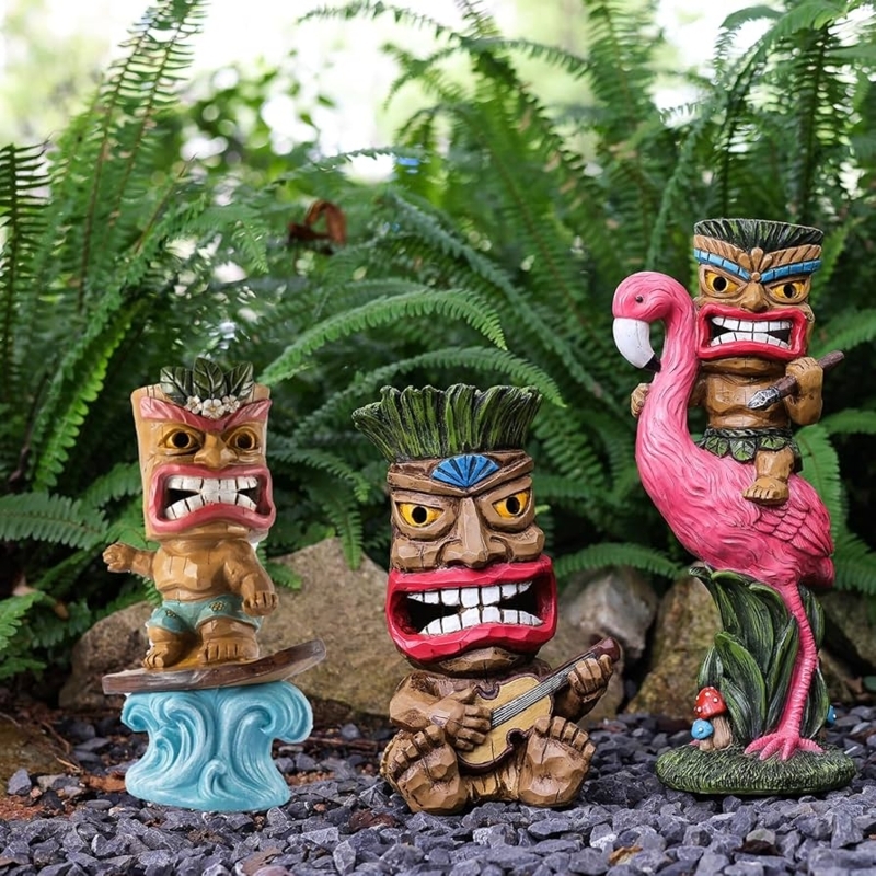 Garden Statue Set Solar Powered Tiki Motif LED Lights