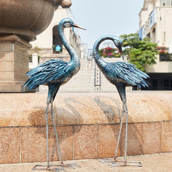 Garden Statue Set Vibrant Patina Finish Metal Crane Sculptural Pairing