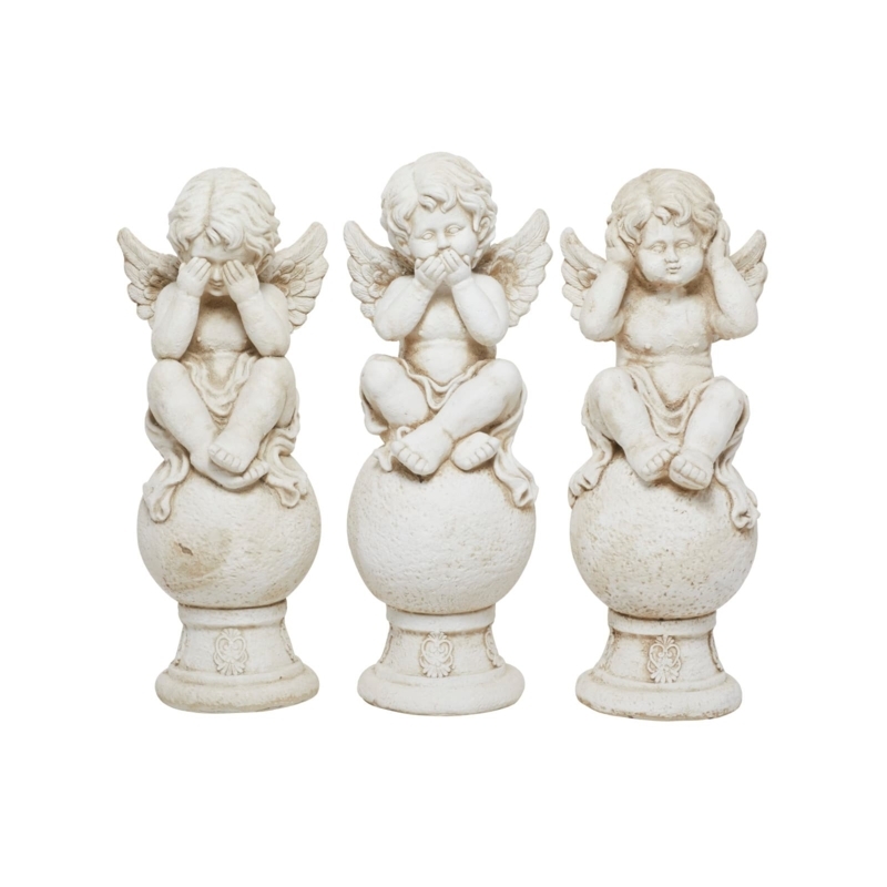 Garden Statue Set Weathered White Angel Wings French Country Decor