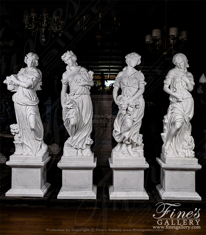 Garden Statue Set: White Marble Four Seasons Figures on Cylindrical Pedestals