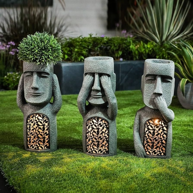 Garden Statue Set with Solar Powered Glowing Eyes and Planter Head