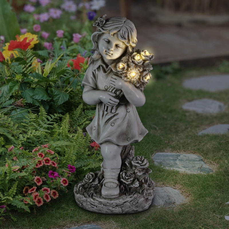 Garden Statue Solar Flower Bouquet Hand Painted Dress Resin Decor