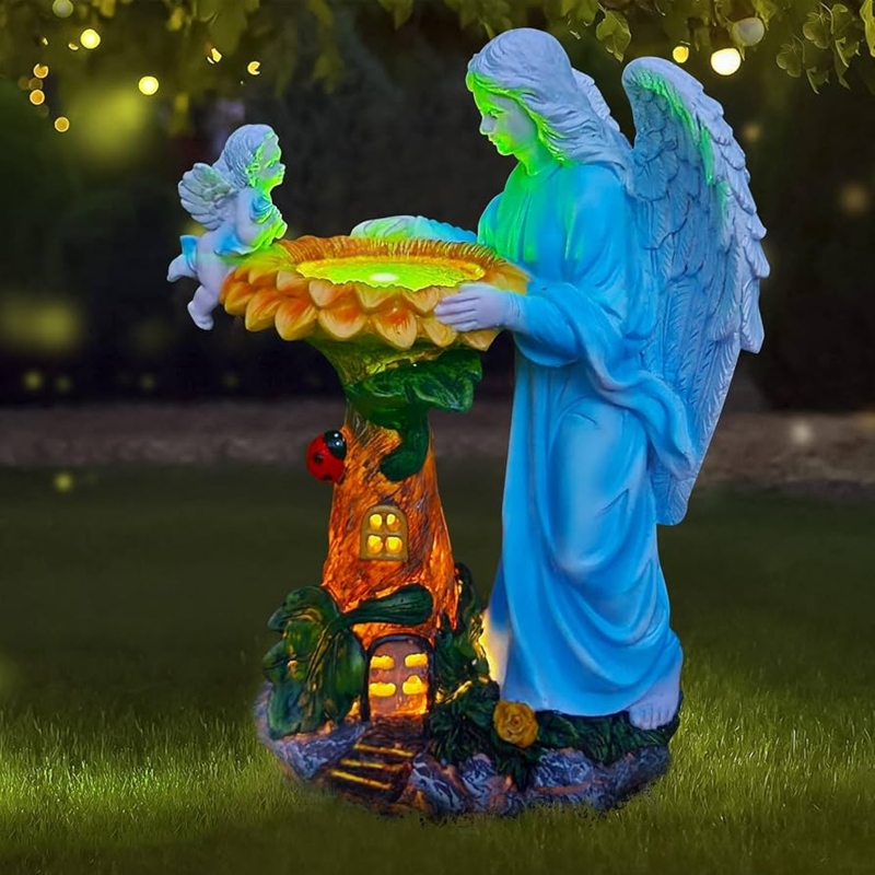 Garden Statue Solar Powered Angel with Glowing Sunflower Figurine Decor
