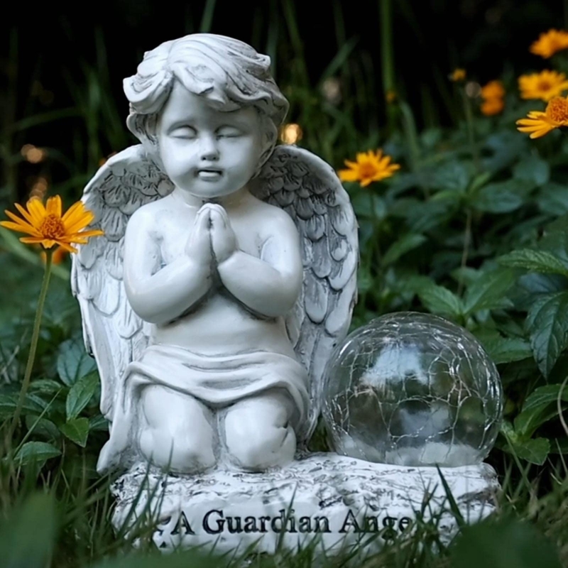 Garden Statue Solar Powered Crackle Glass Globe Cherubs