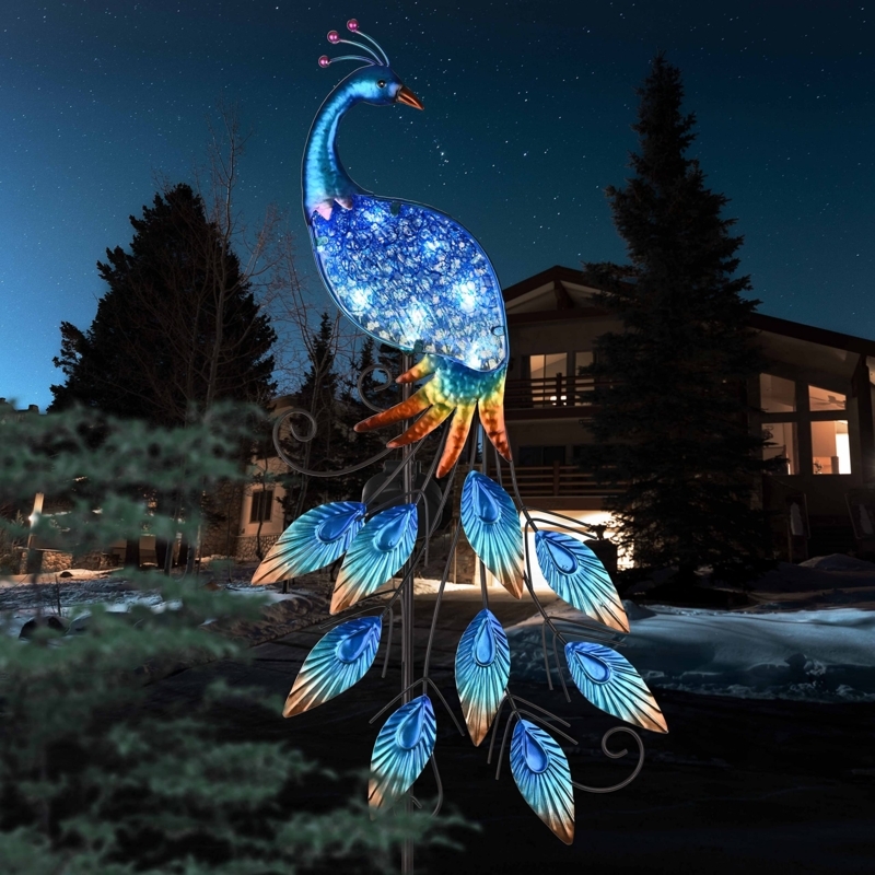 Garden Statue Solar Powered Peacock Silhouette with Crackle Glass