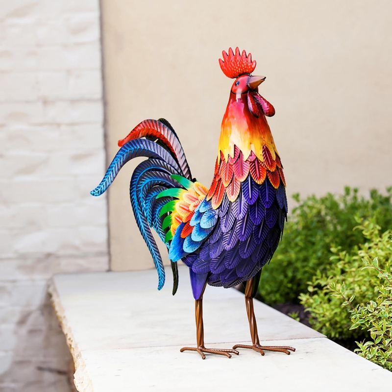 Garden Statue Stamped Metal Detail Iridescent Tail Vibrant Bird Decor