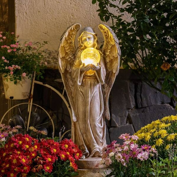 Garden Statue Stone-like Angel with Detailed Carved Wings Decor