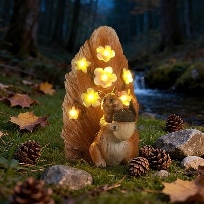 Garden Statue Stone Squirrel Solar Tail Light Pinecone Decor