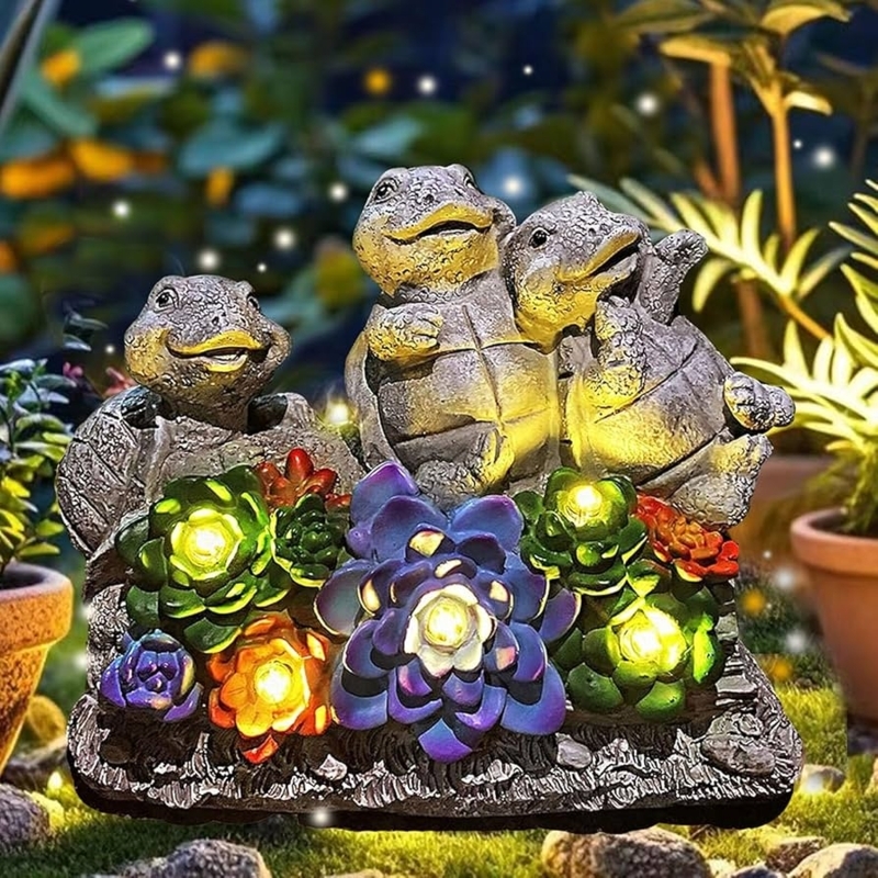 Garden Statue Turtle Silhouette Artificial Succulents Solar