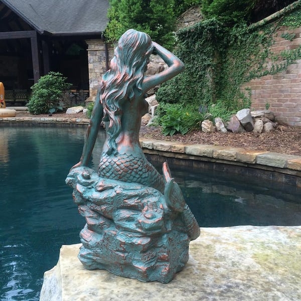 Garden Statue Verdigris Patina Mermaid Sculpture Rock Base Tail Fins