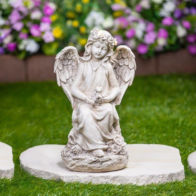 Garden Statue Weathered Angel with Lighted Rabbit Peaceful Decor