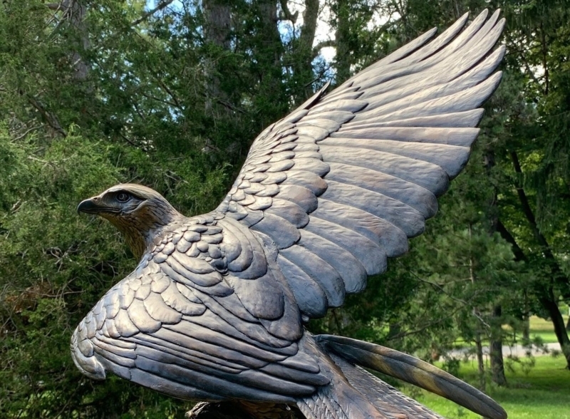 Garden Statue, Weathered Stone Bird, Pedestal Base, Peaceful Garden Decor