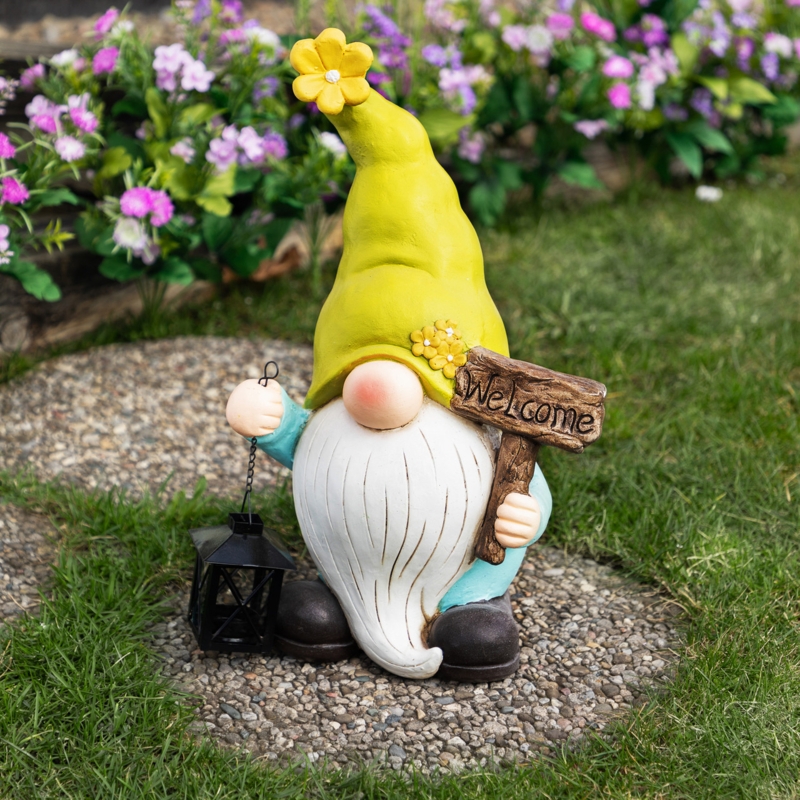 Garden Statue Welcome Gnome with Lantern, Blue Hat Pathway Garden Art