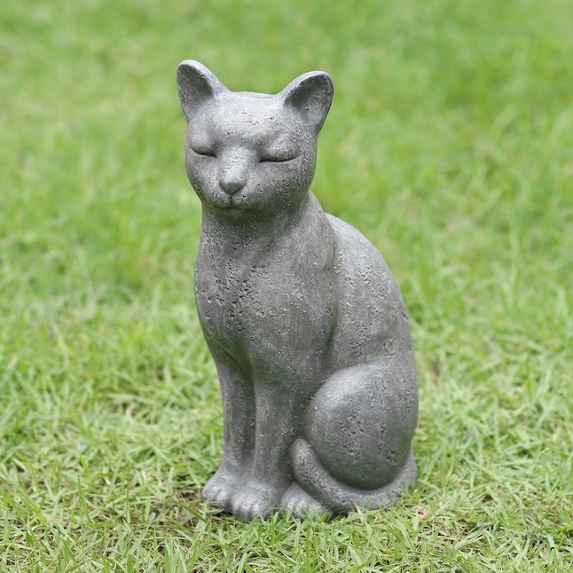 Garden Statue Whimsical Cat Decor with Etched Fur and Gray Patina.
