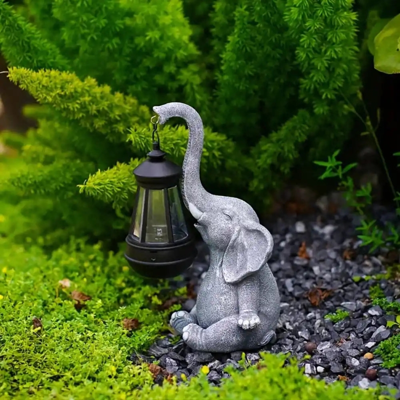 Garden Statue Whimsical Elephant with Built-in Lantern Solar Decor