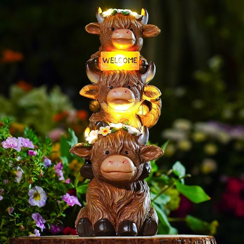 Garden Statue Whimsical Highland Cow Stacked Solar Flower Accent