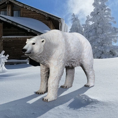 Garden Statue, White Prowling Polar Bear Pose, Realistic Fur Texture