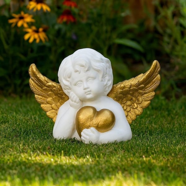 Garden Statue Winged Cherub with Gold-Tipped Wings & Heart