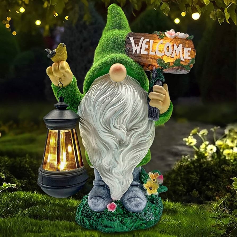 Garden Statue with Green Flocked Finish, Solar Powered Patio Statue