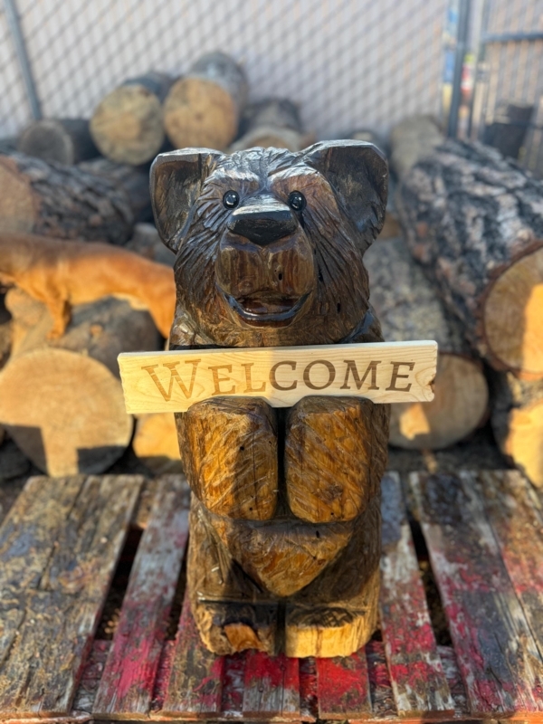 Garden Statue, Wood Welcome Sign, Chainsaw Carved Bear, Matte Finish