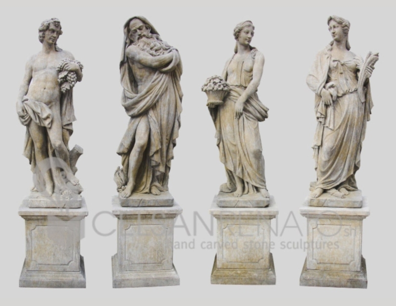 Garden Statues Set with Antiqued Vicenza Stone Appearance on Pedestals