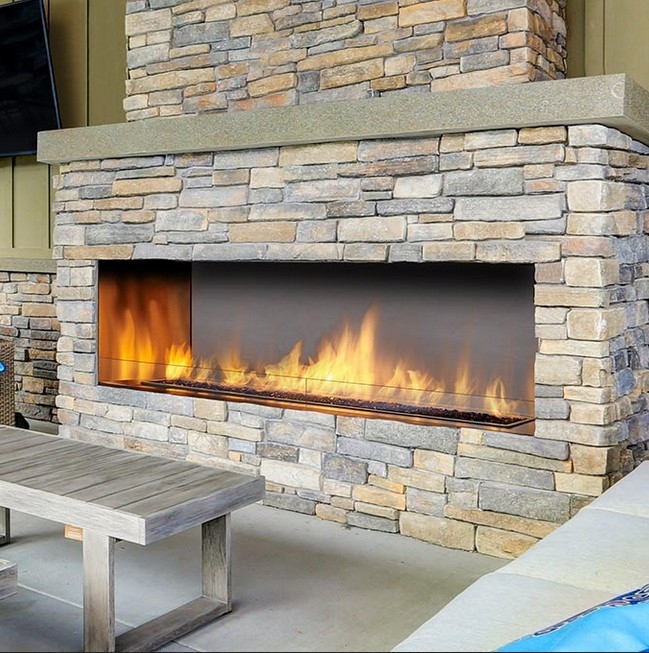 Gas Fireplace Contemporary Linear Design, Stone Wall with TV Mounting.