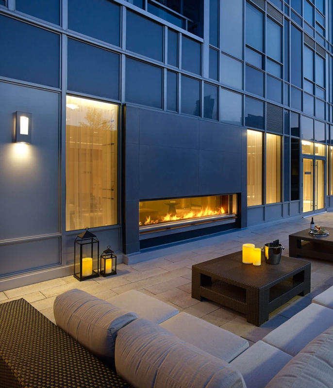 Gas Fireplace Linear See Through Design, Indoor Outdoor Transition.
