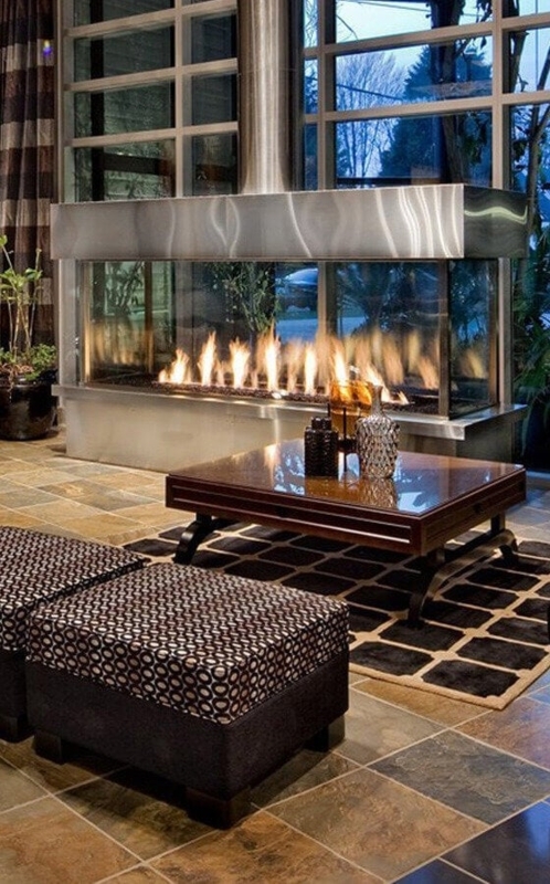 Gas Fireplace Modern Commercial Design with Four Sided View Glass.