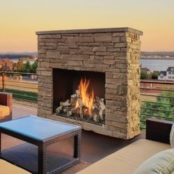 Gas Fireplace Realistic Birch Logs Rustic Stone Patio Design
