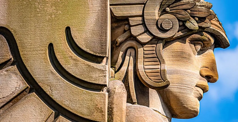 Geometric Carving Sculpture on Sandstone Bridge Pylon