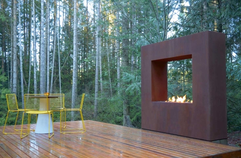 Geometric Corten Steel Outdoor Fireplace Design with Wood Storage