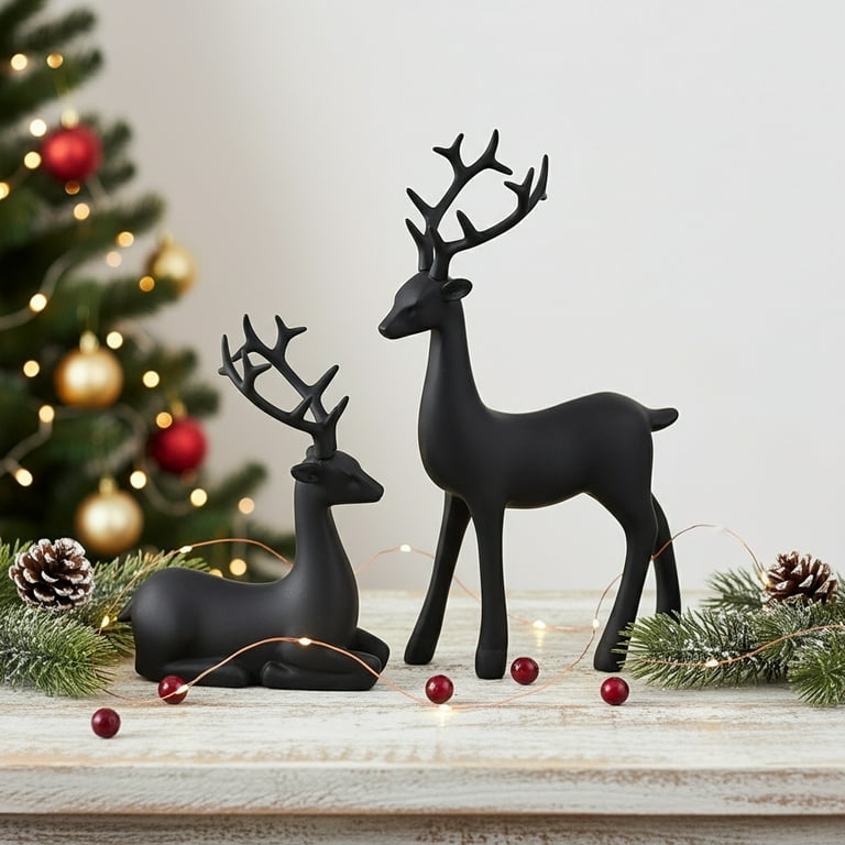 Geometric Reindeer Figurine, Matte Black, Modern Geometric