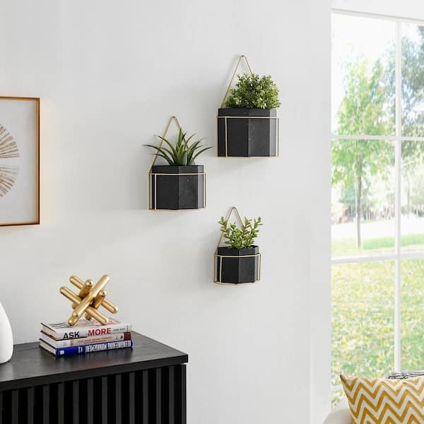 Geometric Wall Planter Set, Black & Gold Metal, Diamond Frame, Modern