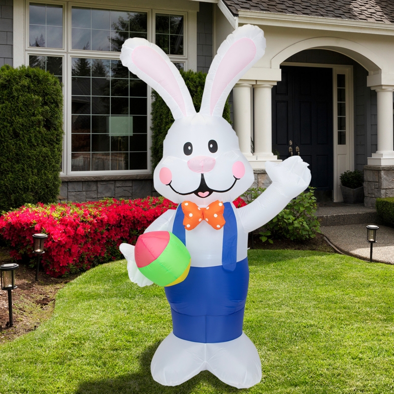 Giant Lawn Inflatable Bunny Wearing Blue Jacket with Eggs Decor