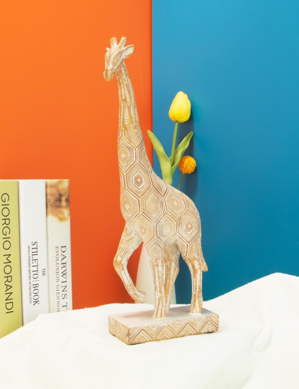 Giraffe Statues Set of Two Black and White Linear Pattern Gold Accents