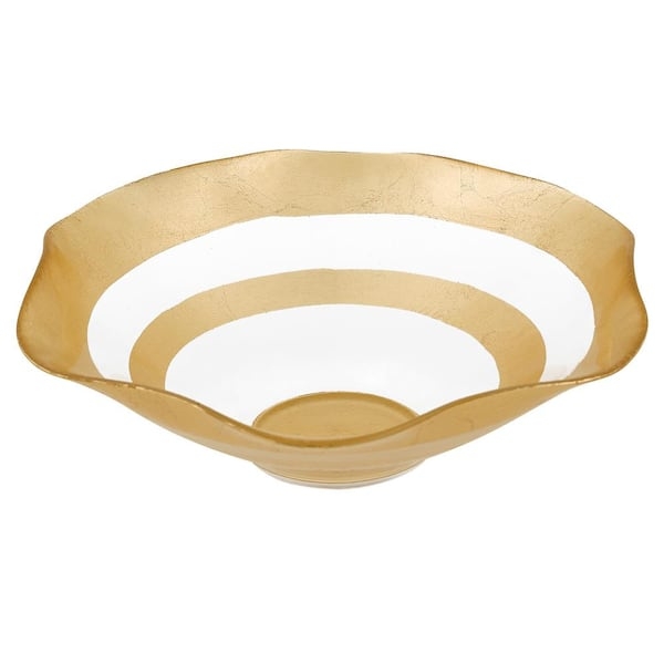 Glam Gold Rim Serving Bowl, Clear Glass with Heavy Base and Wavy Texture