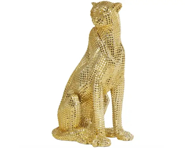 Glam Leopard Sculpture, Geometric Faceted Surface, Metallic Gold.