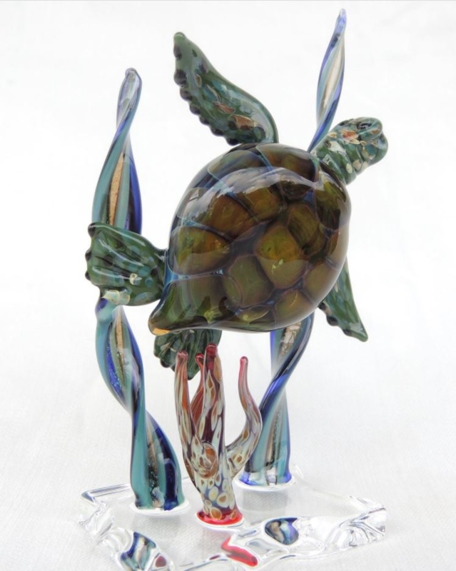 Glass Sculpture Swirled Shell Translucent Flippers Glossy Green Amber