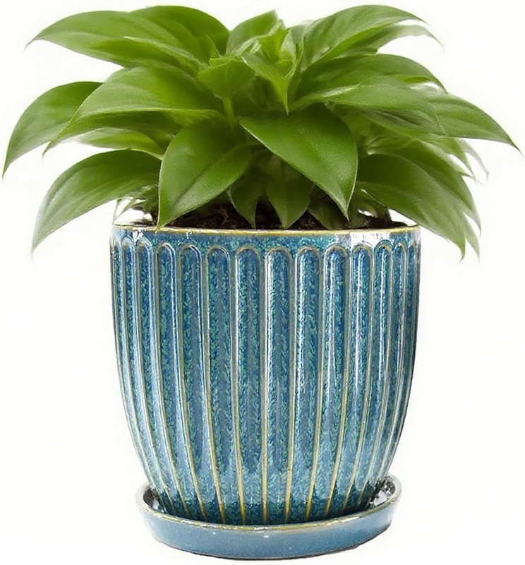 Glossy Blue Speckled Ceramic Planter Set with Matching Saucers